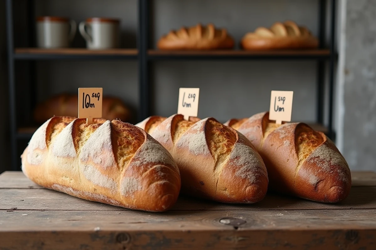 Trois baguettes aux textures différentes posées sur une table en bois avec des étiquettes de prix variées dans une boulangerie moderne