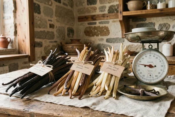 Comparatif de trois variétés de vanille bourbon, tahiti et papouasie posées sur une table en bois rustique avec une balance vintage