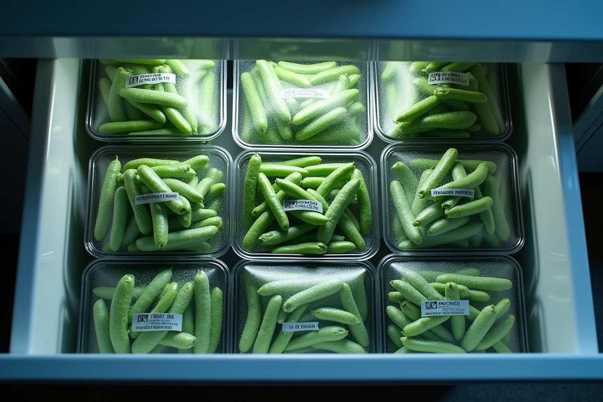 Coffre de congélation rempli de sacs de haricots verts surgelés étiquetés