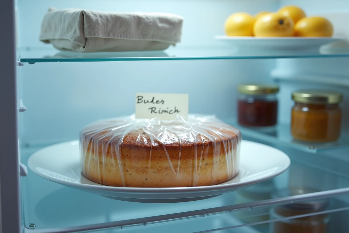 Gâteau opéra filmé et étiqueté avec la date de préparation, conservé au réfrigérateur sur une assiette en porcelaine blanche