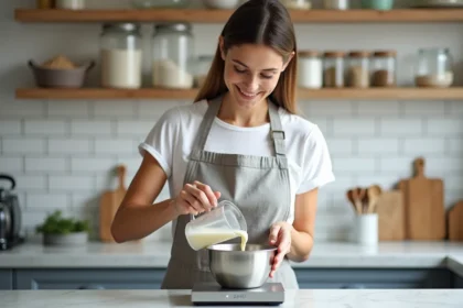Femme versant de la crème d'un verre doseur dans un bol sur une balance numérique pour convertir des centilitres en grammes