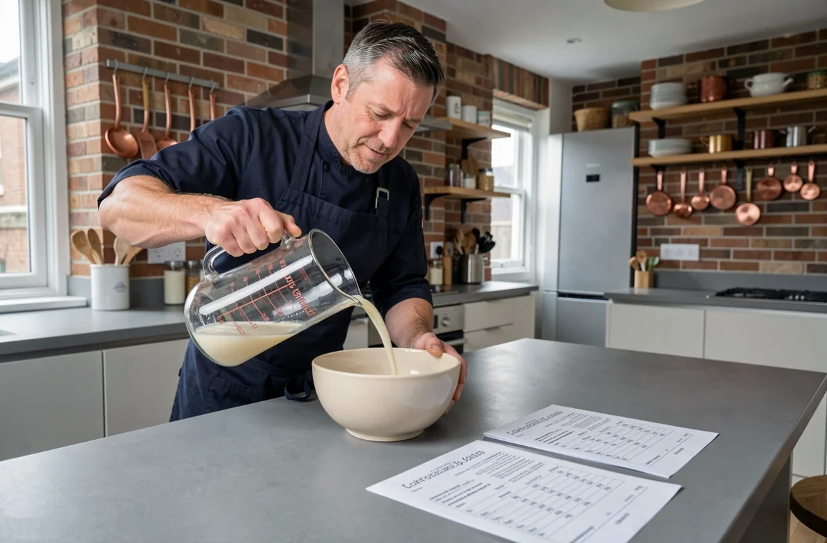 Homme versant un liquide dans un bol en céramique avec un verre doseur affichant des mesures en millilitres et en onces dans une cuisine britannique moderne