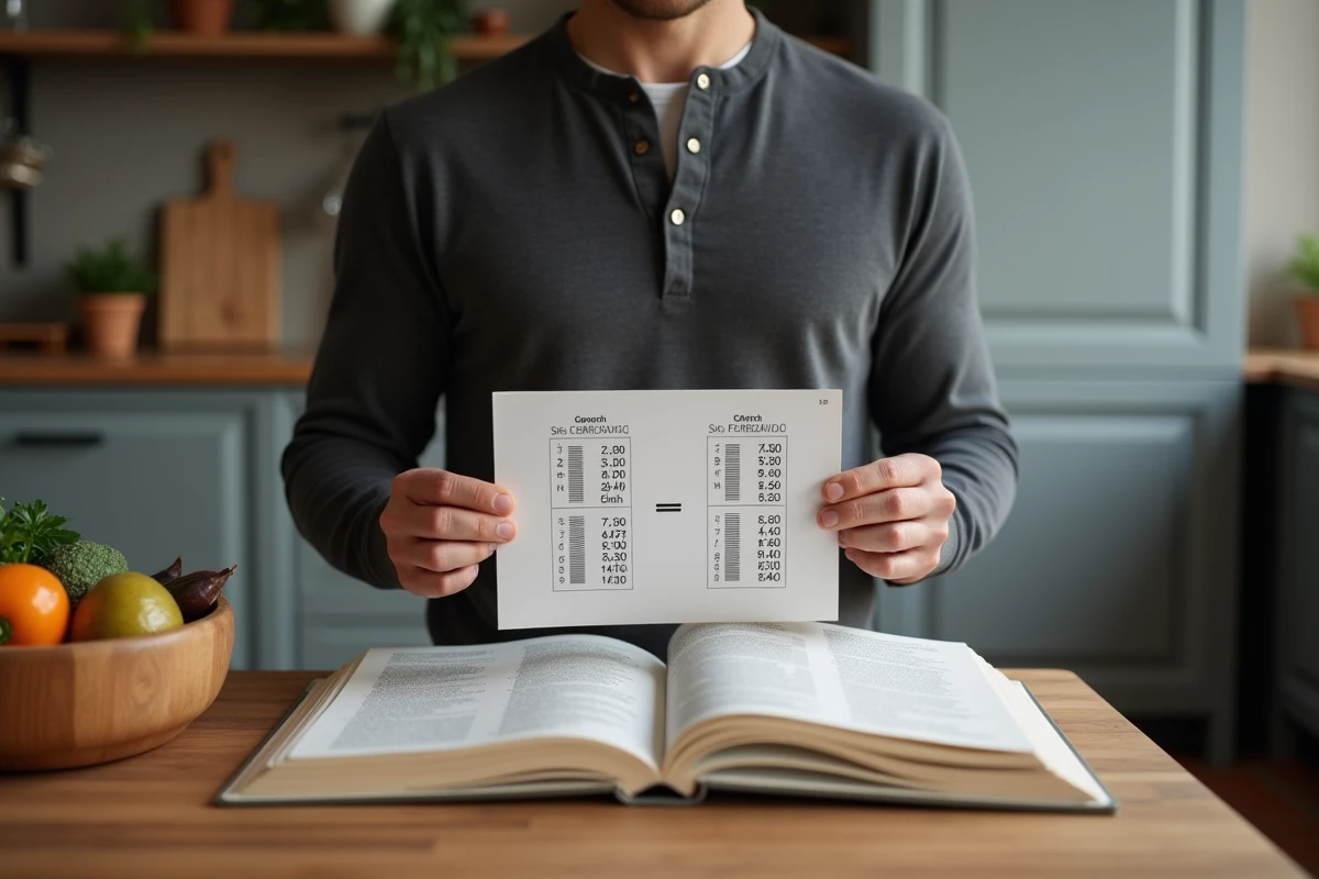 Homme comparant un tableau de conversion Fahrenheit Celsius pour adapter une recette américaine en cuisine française