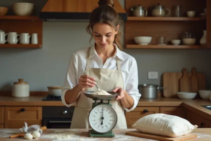 Femme mesurant de la farine sur une balance de cuisine en bois avec une recette manuscrite, illustrant la conversion grammes en centilitres en cuisine