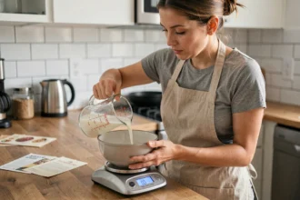 Femme en tablier de cuisine versant du lait d'un pichet gradué en litres sur une balance numérique affichant des grammes, illustration de la conversion litre en kilo