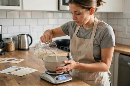 Femme en tablier de cuisine versant du lait d'un pichet gradué en litres sur une balance numérique affichant des grammes, illustration de la conversion litre en kilo