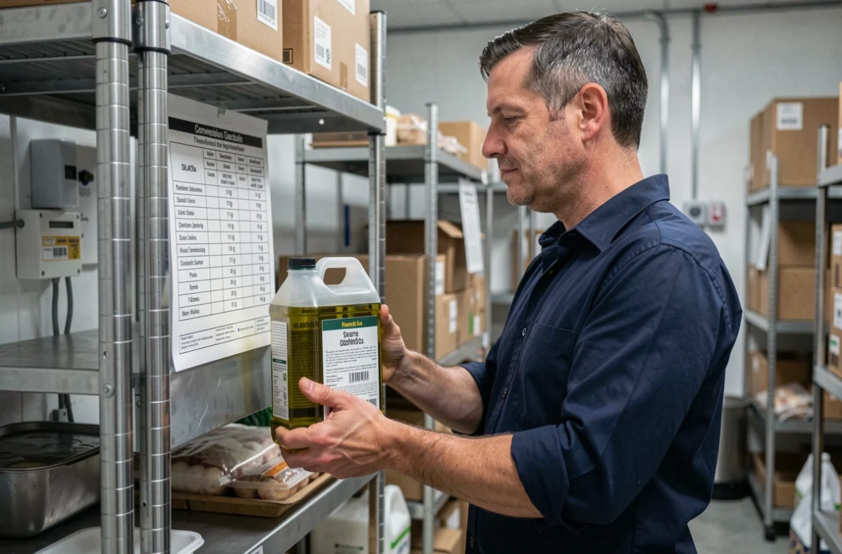 Homme en entrepôt alimentaire tenant un bidon d'huile d'olive en litres à côté d'un tableau de conversion litre vers kilogramme affiché sur une étagère