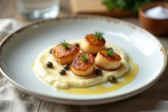 Assiette élégante de coquilles Saint-Jacques poêlées sur purée de chou-fleur, décorée de câpres croustillantes et beurre noisette, présentation chic et économique