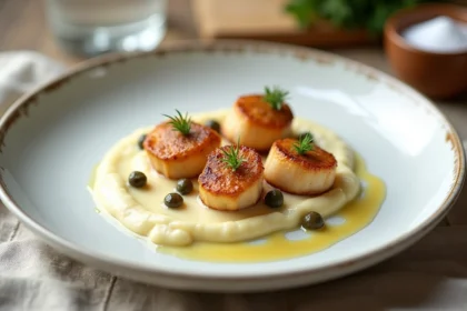 Assiette élégante de coquilles Saint-Jacques poêlées sur purée de chou-fleur, décorée de câpres croustillantes et beurre noisette, présentation chic et économique