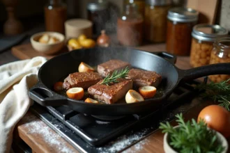 Couille de mouton cuisinant dans une poêle en fonte avec ail, thym et oignons dans une cuisine rustique française