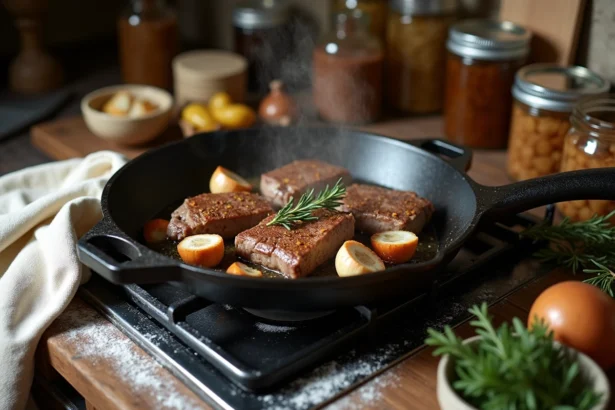 Couille de mouton cuisinant dans une poêle en fonte avec ail, thym et oignons dans une cuisine rustique française
