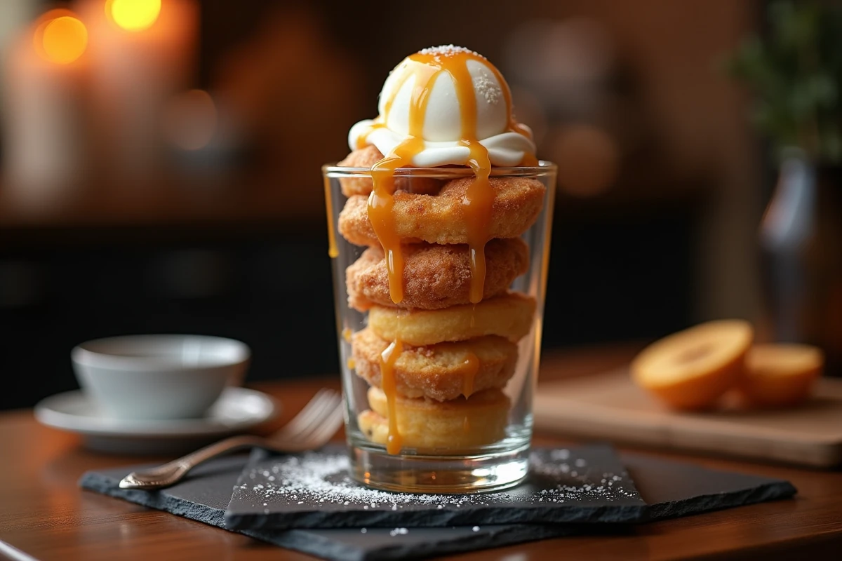 Coupe de beignets aux pommes caramélisés nappés de caramel et de glace vanille dans un verre élégant sur ardoise noire