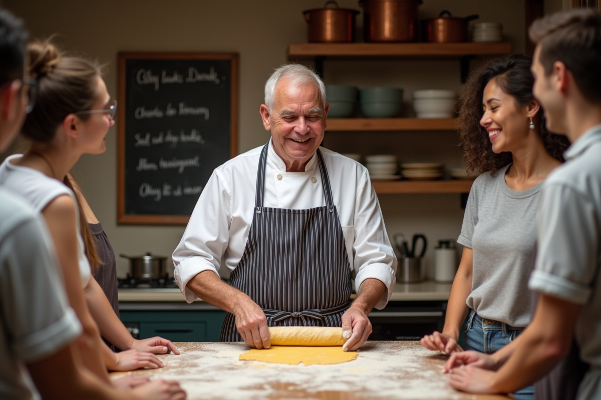 Chef enseignant la fabrication de pâtes à un groupe de jeunes dans une cuisine rustique