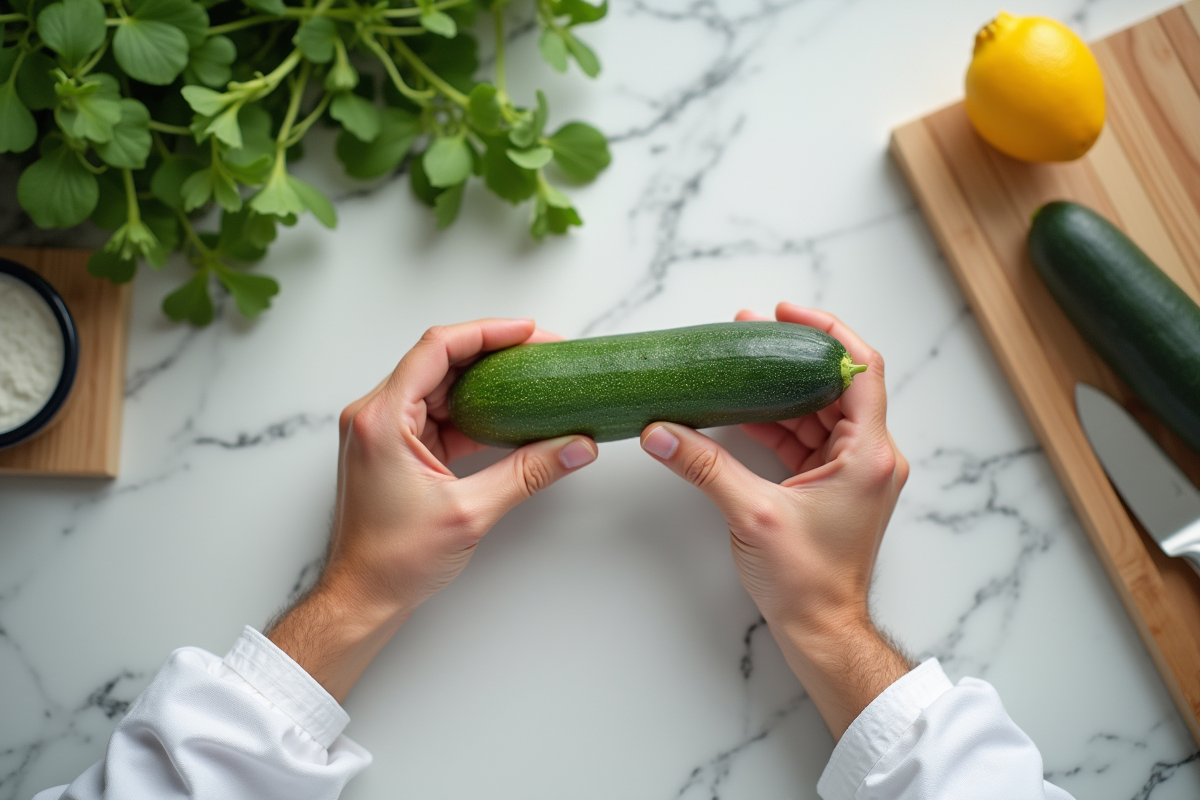 Mains d’un chef tenant un concombre et une courgette sur un plan de travail