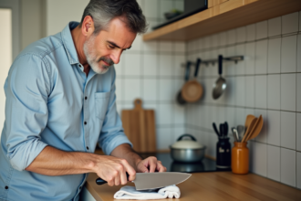 Homme d age nettoyant un couteau de cuisine en acier inoxydable