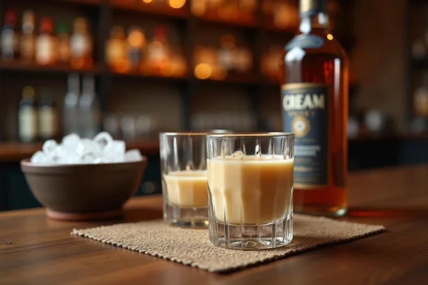 Deux verres de crème de whisky irlandais sur un comptoir en bois avec une bouteille de Baileys en arrière-plan dans un pub rustique