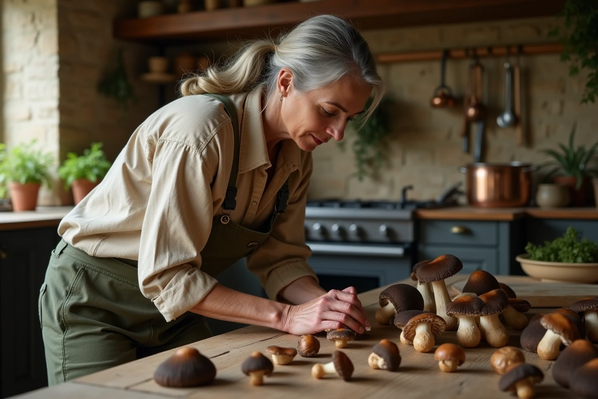 Femme cuisinant des champignons Charbonniers frais sur une planche en bois dans une cuisine rustique française