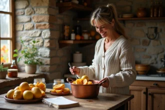 Femme en pull tricoté préparant de la confiture de coings dans une cuisine chaleureuse