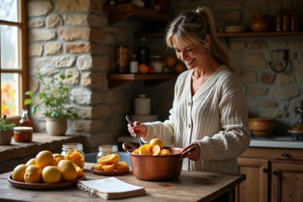 Femme en pull tricoté préparant de la confiture de coings dans une cuisine chaleureuse
