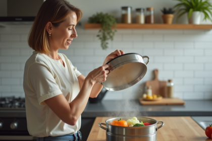 Femme d'âge moyen soulevant le couvercle d'un panier vapeur légumes