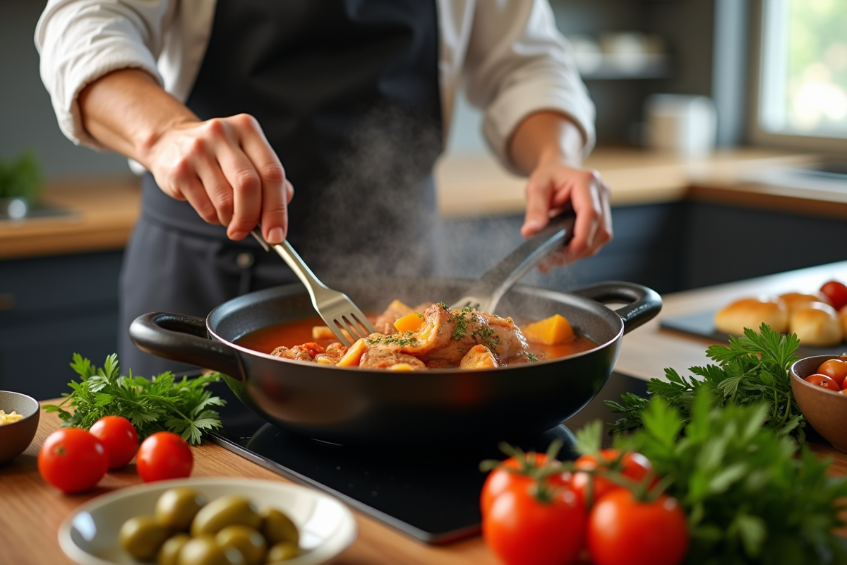 Chef ajoutant des ingrédients au ragout de lapin en cuisine