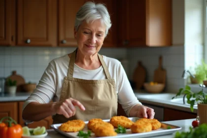Femme en tablier préparant des escalopes de poulet dorées dans la cuisine