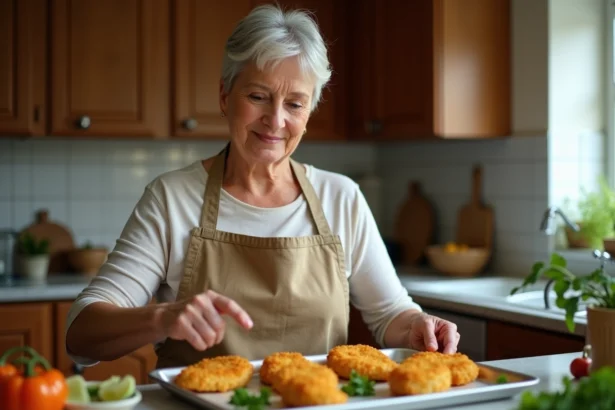 Femme en tablier préparant des escalopes de poulet dorées dans la cuisine