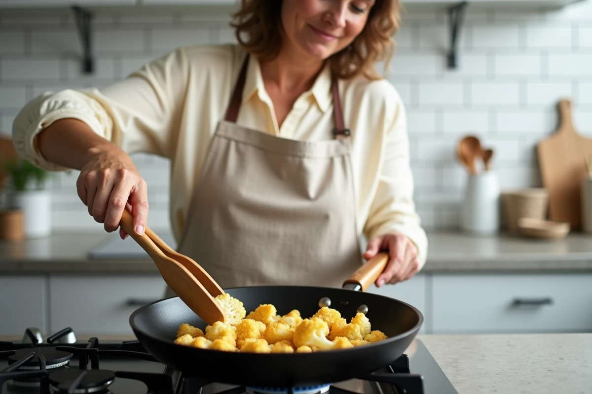 Femme cuisinant des steaks de chou-fleur dorés dans une poêle sur une cuisinière à gaz dans une cuisine de style scandinave