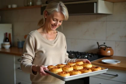 Femme en cuisine retirant des bouchées à la reine dorées