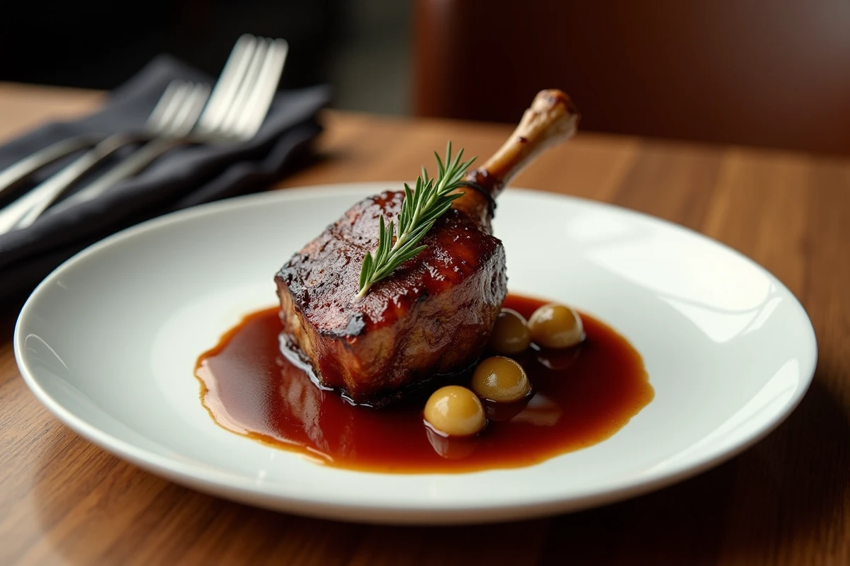 Gros plan d'une cuisse de canard braisée fondante nappée d'une sauce réduite brillante sur une assiette blanche avec échalotes confites