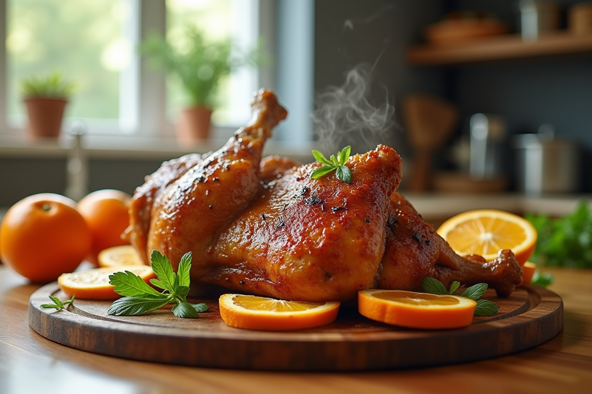 Cuisse de canard croustillante sortie du Ninja air fryer sur une planche en bois