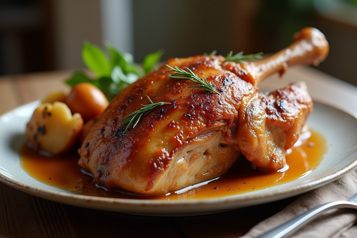 Cuisse de canard dorée avec légumes rôtis sur une belle table