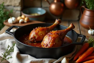 Cuisses de canard dorées mijotées dans une cocotte en fonte avec ail, thym et carottes sur une table en bois rustique