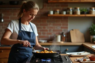 Femme cuisinant des paupiettes de porc dorées dans une cocotte en fonte sur une cuisinière à gaz, cuisine rustique chaleureuse