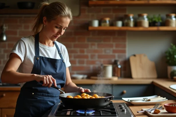 Femme cuisinant des paupiettes de porc dorées dans une cocotte en fonte sur une cuisinière à gaz, cuisine rustique chaleureuse