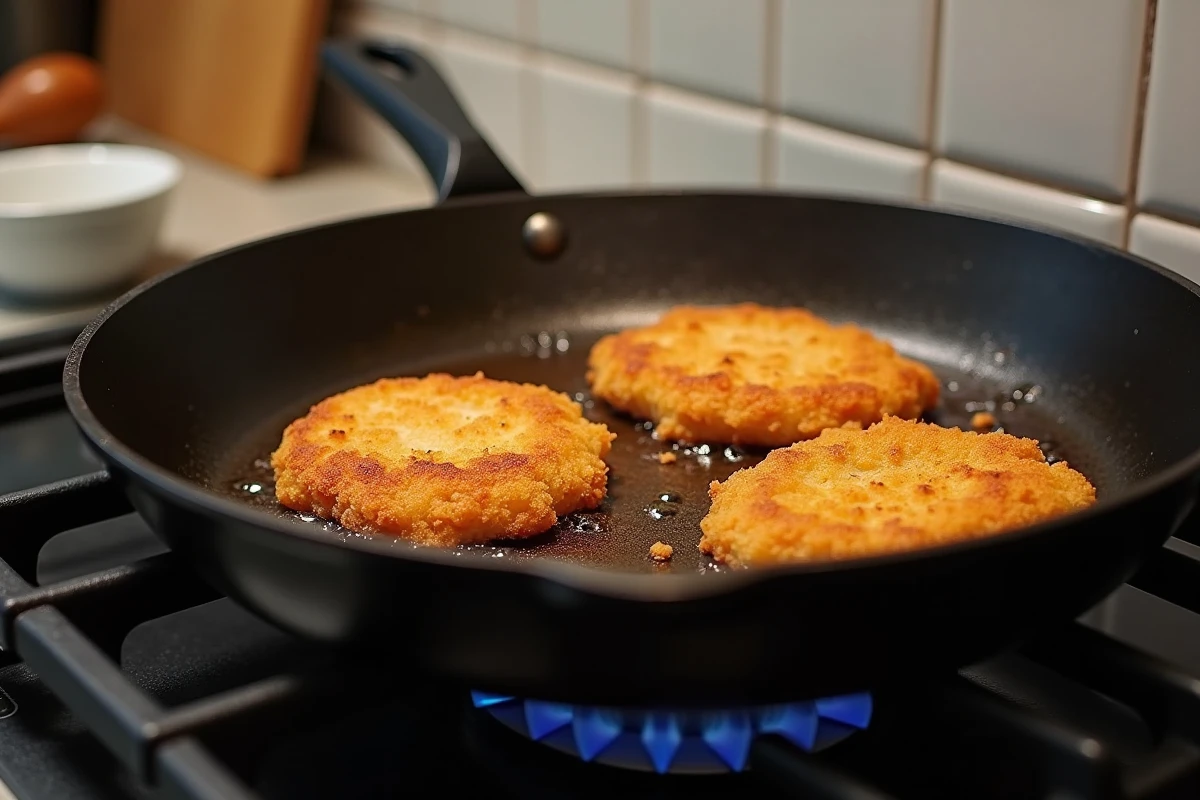 Escalopes de poulet panées en train de cuire dans une poêle en fonte sur une cuisinière à gaz