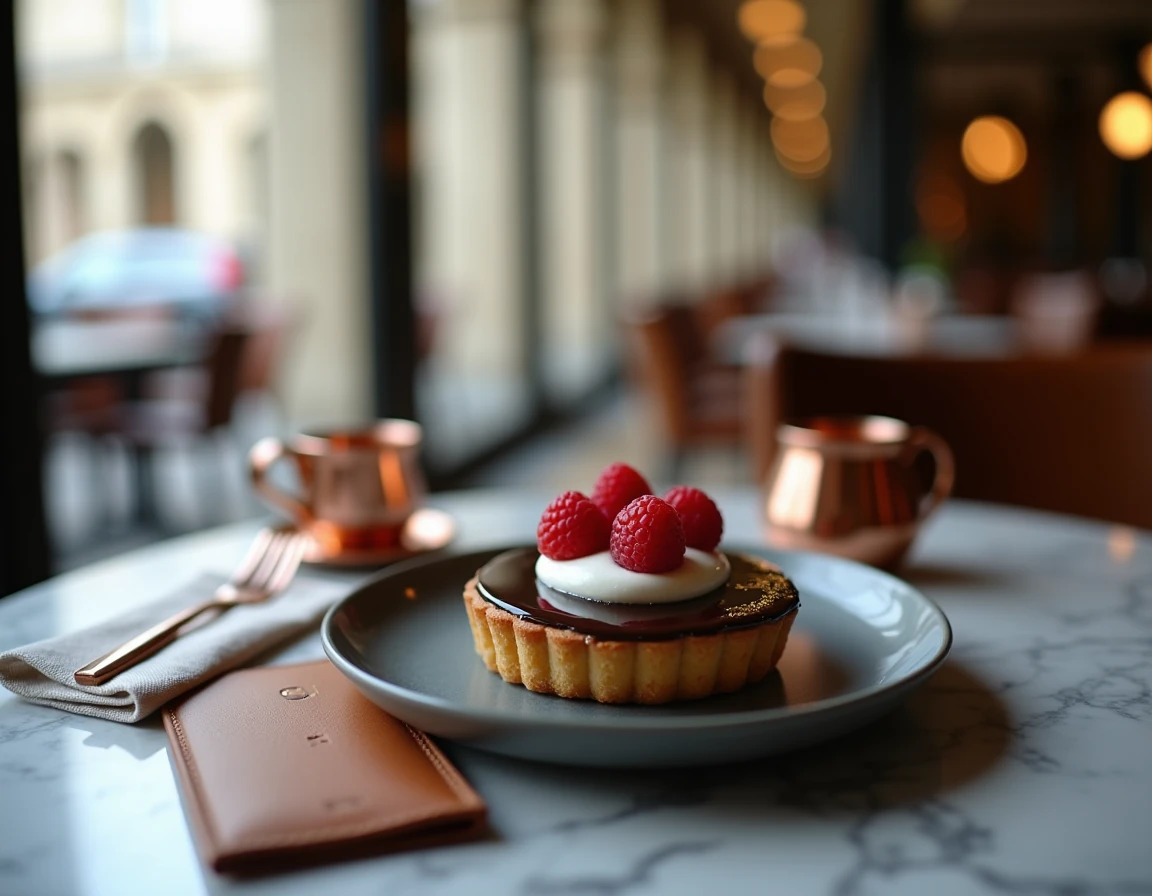 Dessert gastronomique raffiné servi dans un restaurant parisien chic lors d'un déjeuner d'affaires, avec une tarte au chocolat noir et feuille d'or, vue sur les arcades de la rue de Rivoli en arrière-plan flou