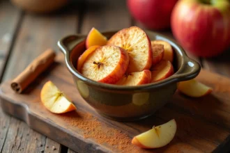 Bol en céramique rustique rempli de pommes cuites légères à la cannelle pour un dessert sain de rééquilibrage alimentaire