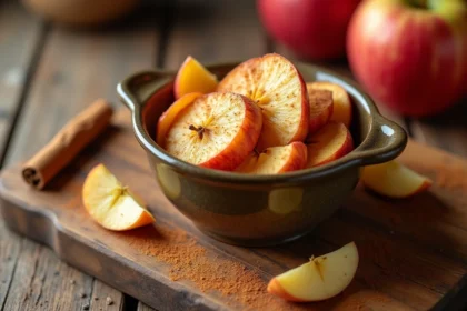 Bol en céramique rustique rempli de pommes cuites légères à la cannelle pour un dessert sain de rééquilibrage alimentaire
