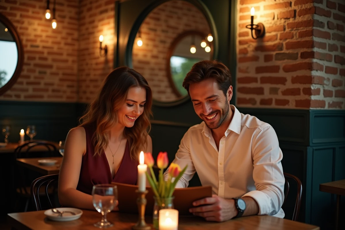 Couple attablé dans une brasserie chaleureuse du Vieux-Lille avec murs en briques apparentes, verres de vin et menu ouvert pour un dîner romantique