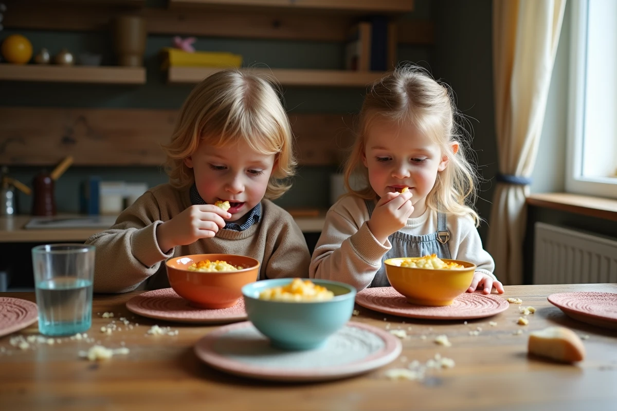 Deux enfants goûtant un gratin de chou-fleur à table avec des expressions de surprise agréable