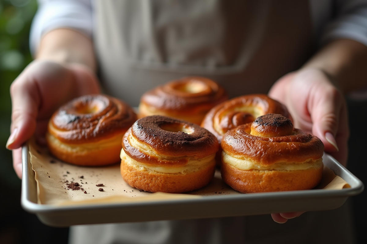 Mains de boulanger tenant un plateau de pain au chocolat imparfait