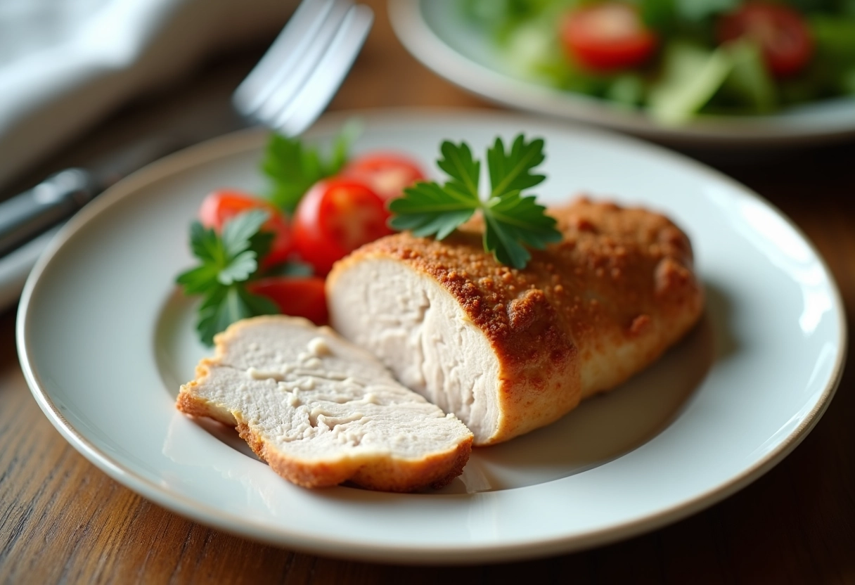 Gros plan sur une escalope de poulet tranchée garnie de persil