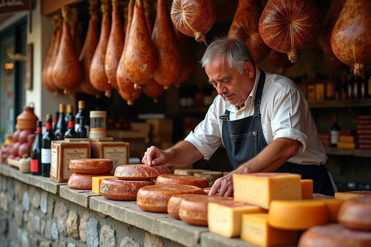 Étal de vins et charcuteries au marché Venta Peio de Dancharia