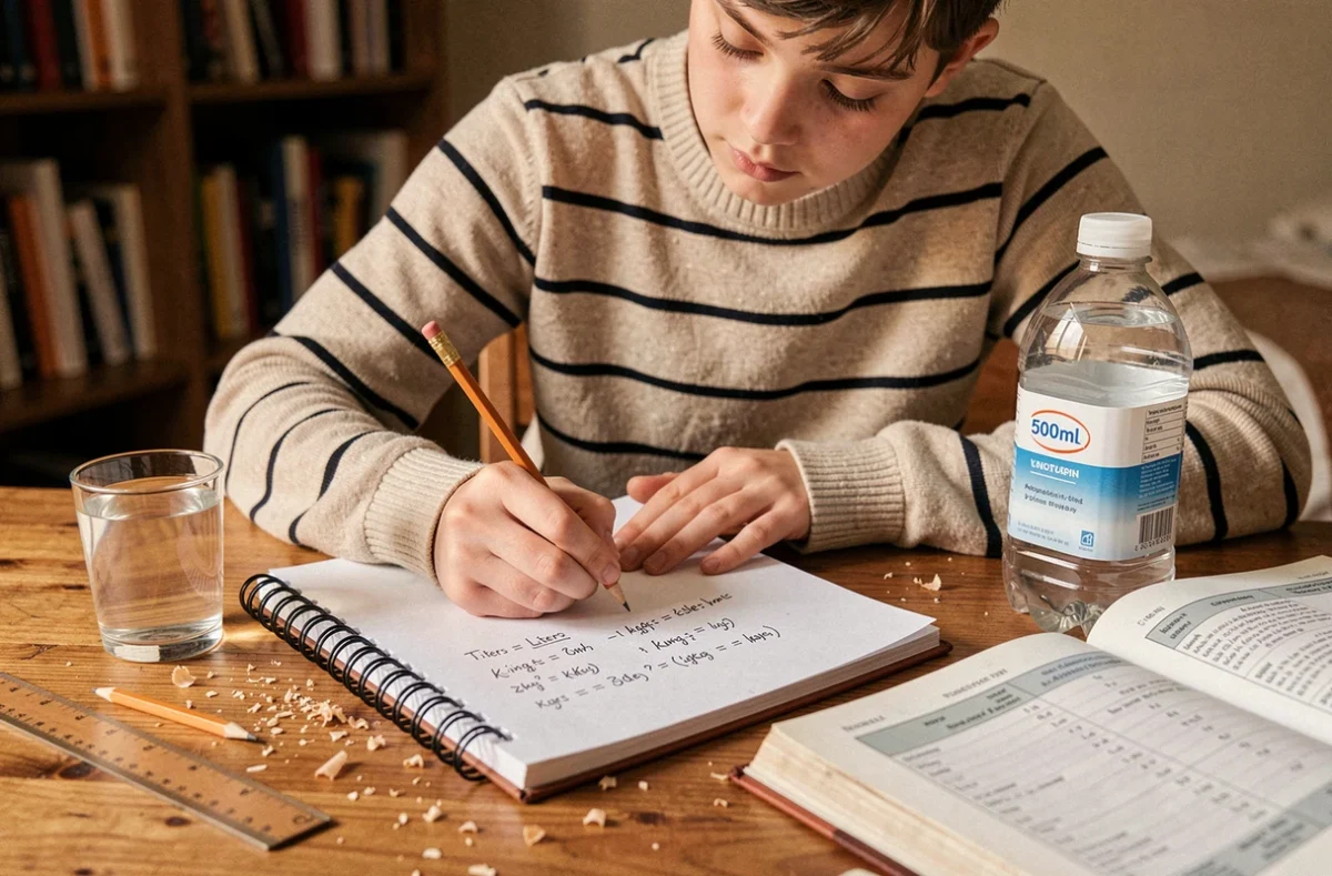 Étudiant écrivant des calculs de conversion litre en kilogramme dans un cahier sur un bureau en bois, avec une bouteille d'eau comme référence visuelle