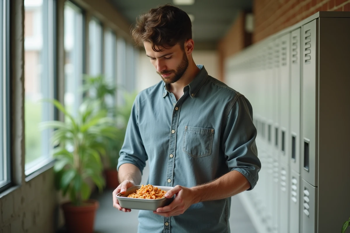 Étudiant préparant un plat de pâtes dans un couloir universitaire lumineux