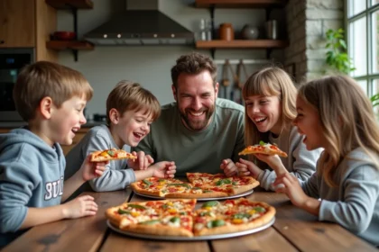 Famille souriante partageant une pizza maison chaleureuse