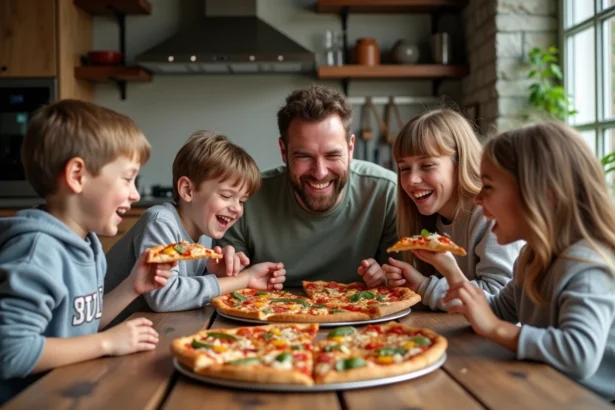 Famille souriante partageant une pizza maison chaleureuse