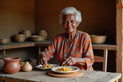 Femme africaine âgée préparant un plat traditionnel dans sa cuisine