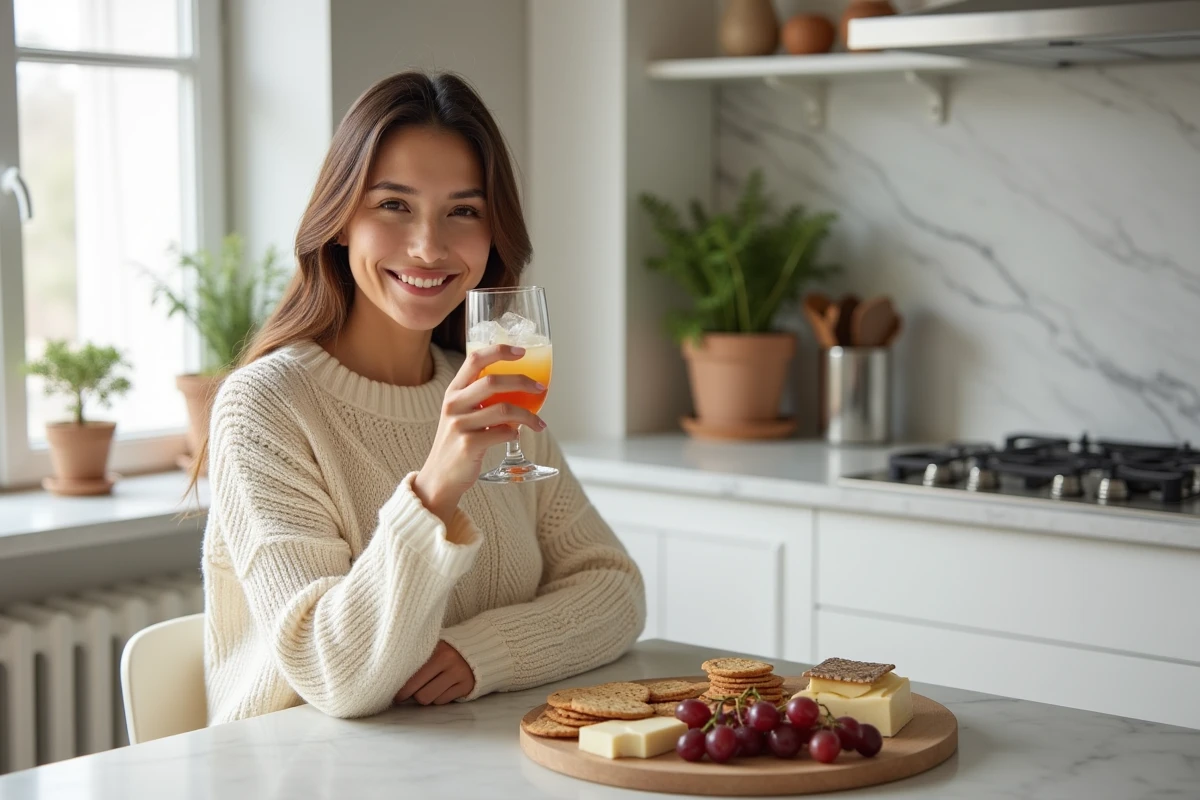 Femme tenant un verre de crème de whisky lors d'un apéritif dans une cuisine moderne avec plateau de charcuterie